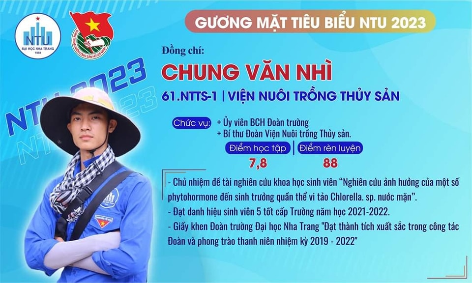 Chúc mừng 03 Đoàn viên – Sinh viên Viện NTTS đạt danh hiệu "GƯƠNG MẶT TIÊU BIỂU NTU 2023"